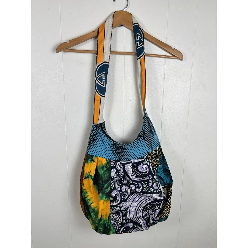 Hippie Bohemian Patchwork Hobo Boho Sling Bag Zipper Closure Mixed Print Cotton